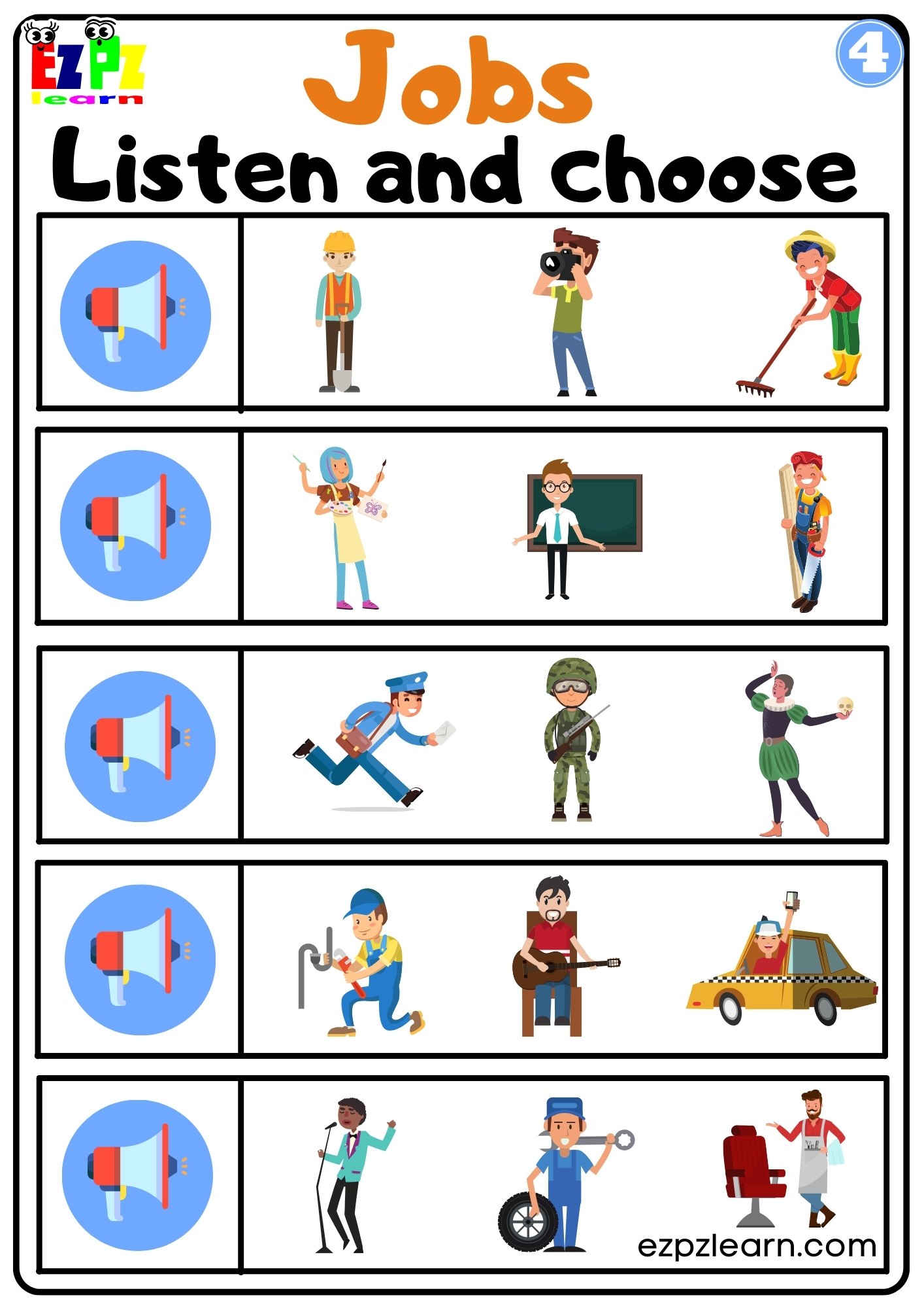Jobs Vocabulary Interactive Worksheet Listen and Choose the Correct Images Activity for Kids, K5 and ESL Students G4